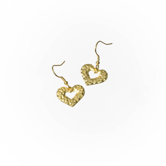 Hammered Heart Dangle Earrings Small (Silver, 14K, Rose) : 14K Gold Plated