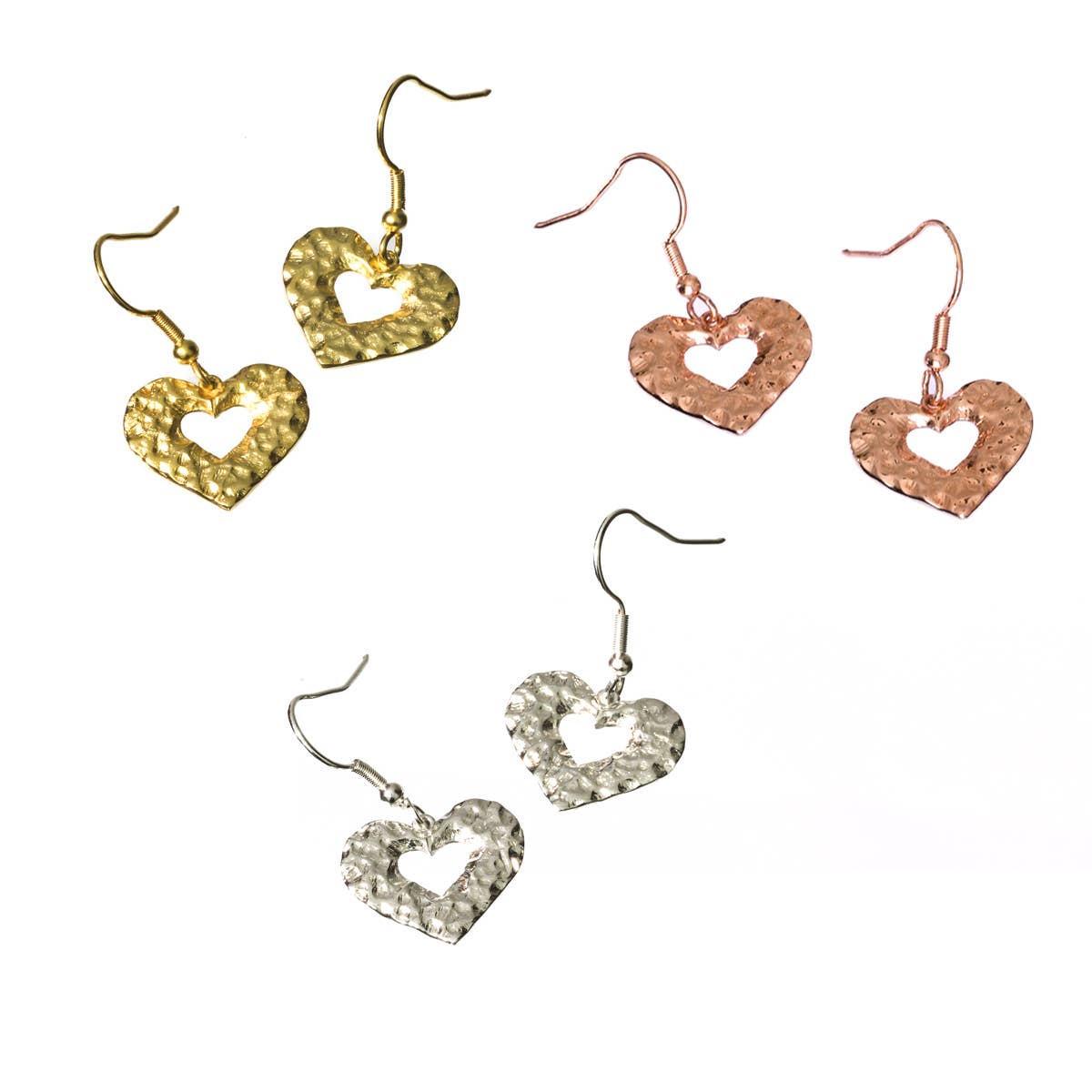 Hammered Heart Dangle Earrings Small (Silver, 14K, Rose) : Silver Plated
